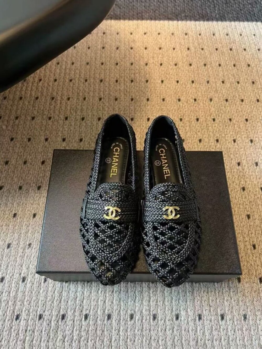 CHANEL Black Woven Crochet CC Logo Slip‑On Flat Loafers